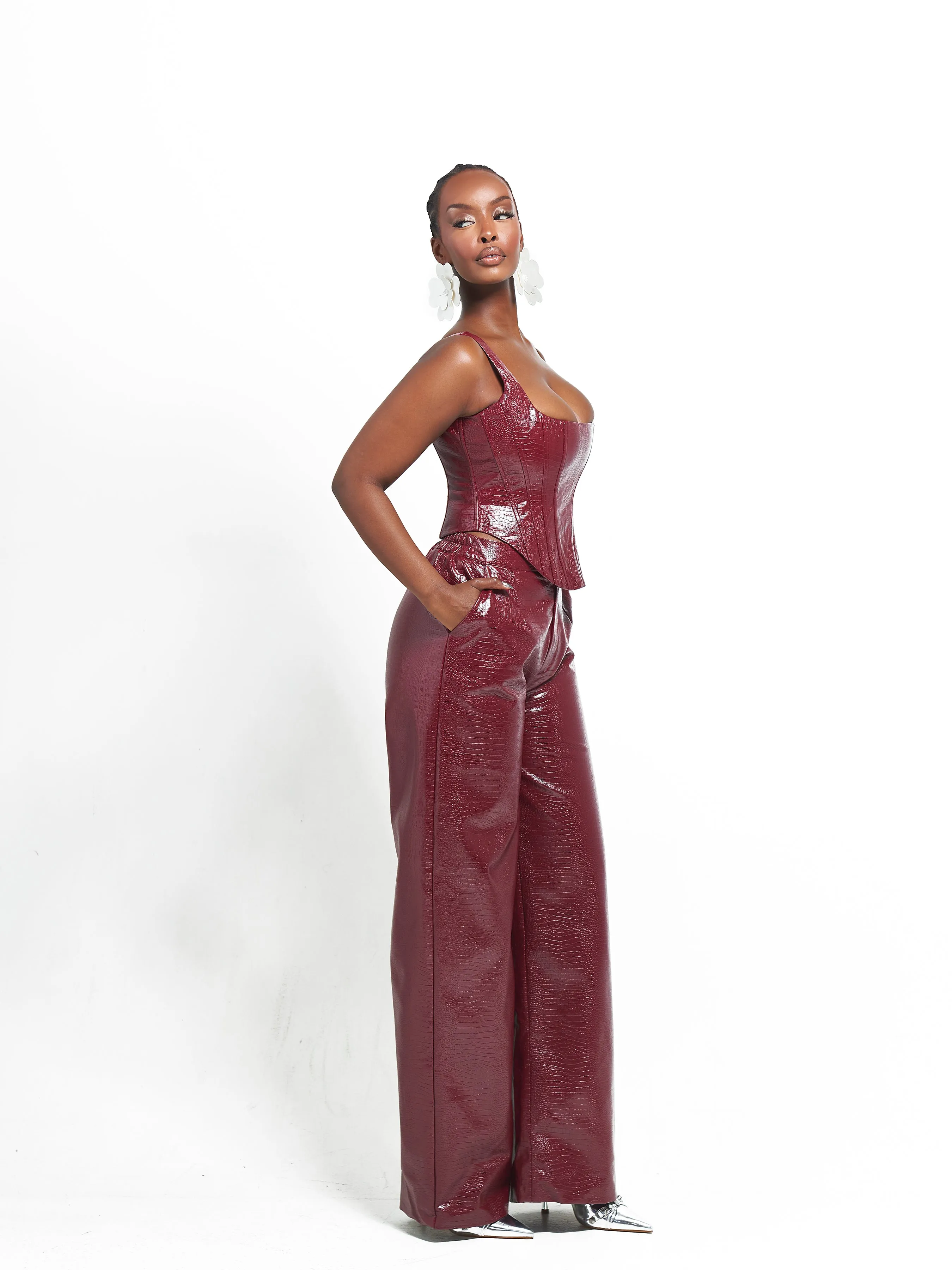 ONO Faux Leather Corset Top  in Burgundy