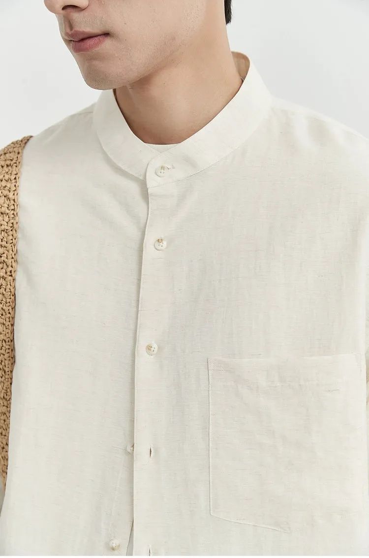 Oversized Linen Long Sleeve Shirt with Grandad Collar