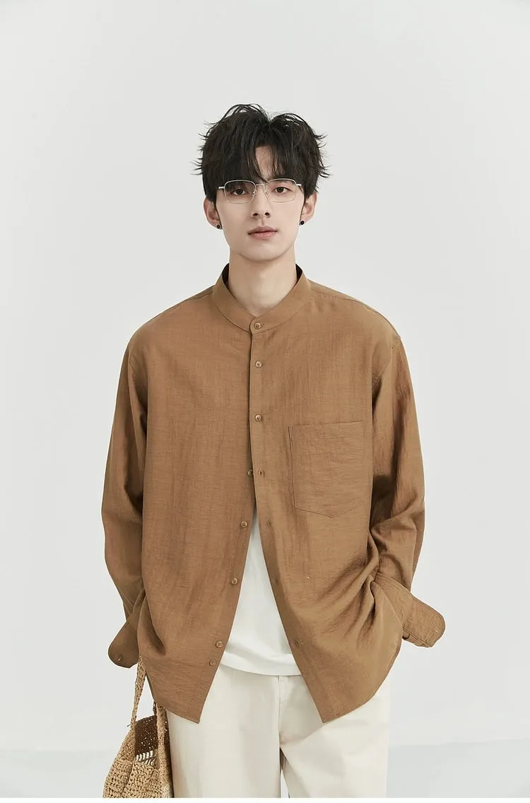 Oversized Linen Long Sleeve Shirt with Grandad Collar