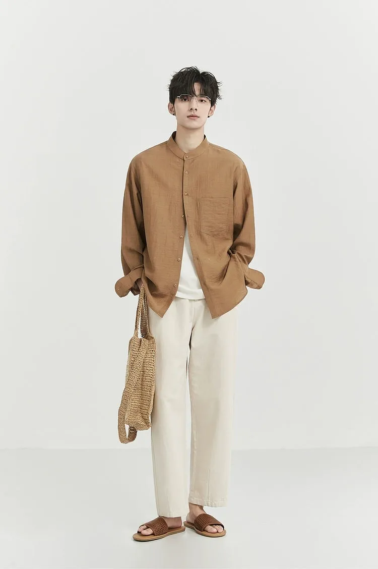 Oversized Linen Long Sleeve Shirt with Grandad Collar