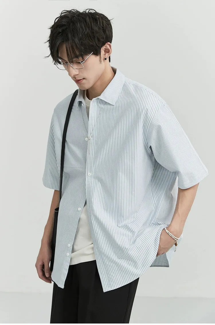 Oversized Narrow Striped Short-Sleeve Button-Up Shirt