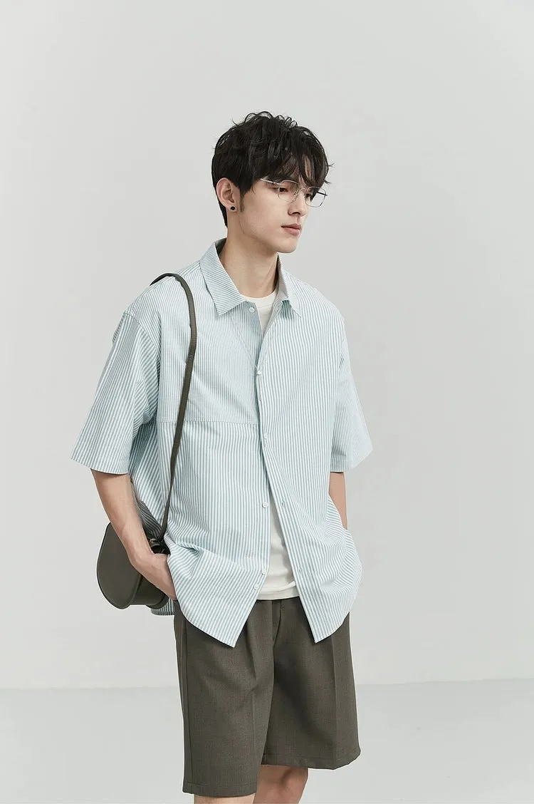 Oversized Narrow Striped Short-Sleeve Button-Up Shirt