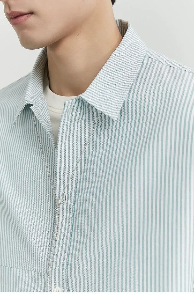 Oversized Narrow Striped Short-Sleeve Button-Up Shirt