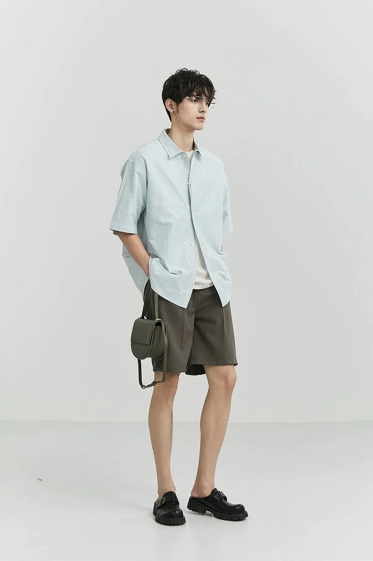 Oversized Narrow Striped Short-Sleeve Button-Up Shirt