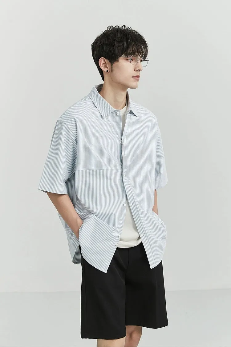 Oversized Narrow Striped Short-Sleeve Button-Up Shirt