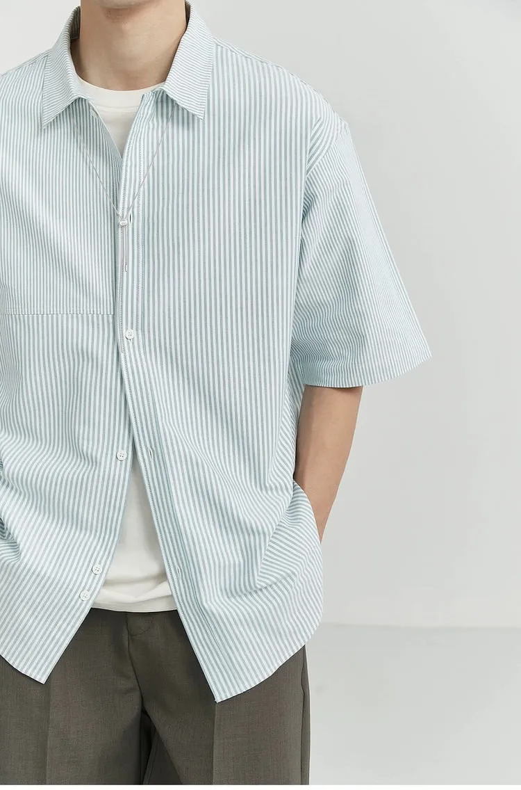 Oversized Narrow Striped Short-Sleeve Button-Up Shirt