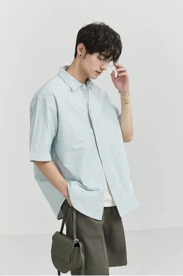 Oversized Narrow Striped Short-Sleeve Button-Up Shirt