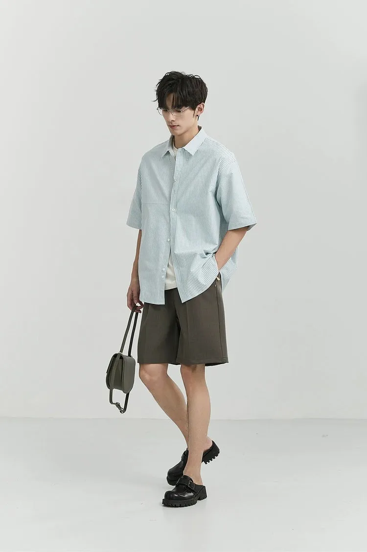 Oversized Narrow Striped Short-Sleeve Button-Up Shirt