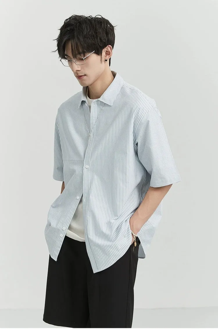 Oversized Narrow Striped Short-Sleeve Button-Up Shirt