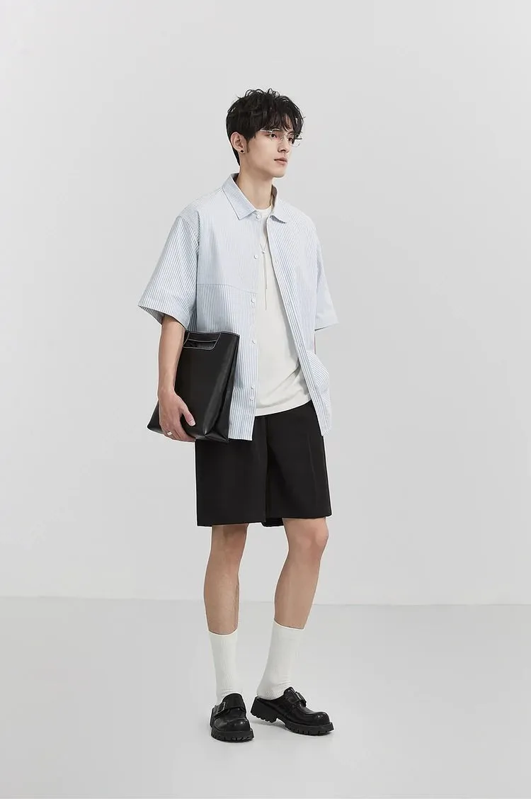 Oversized Narrow Striped Short-Sleeve Button-Up Shirt