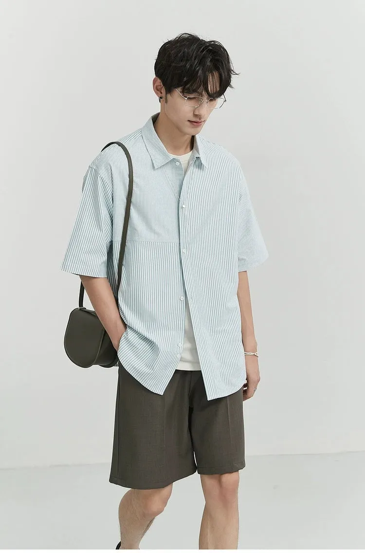 Oversized Narrow Striped Short-Sleeve Button-Up Shirt