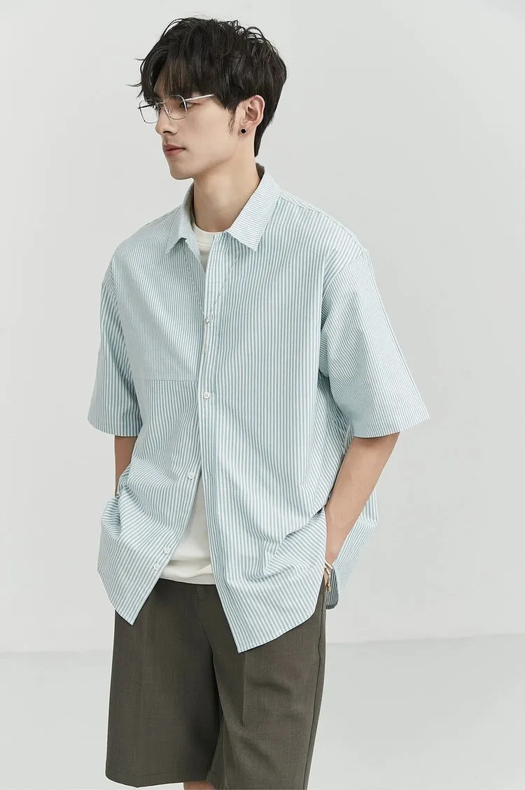 Oversized Narrow Striped Short-Sleeve Button-Up Shirt