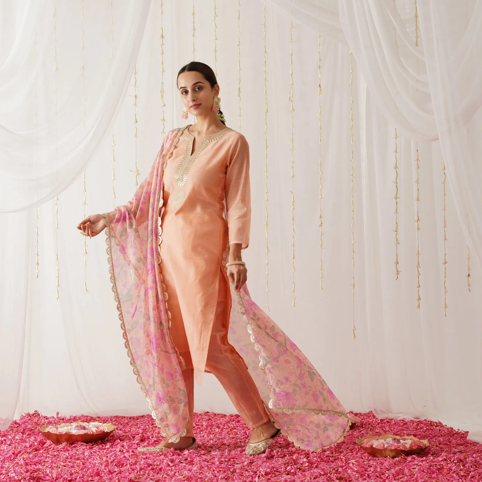 Peach Embroidered Chanderi Kurta Pant Dupatta Set with Gota Details