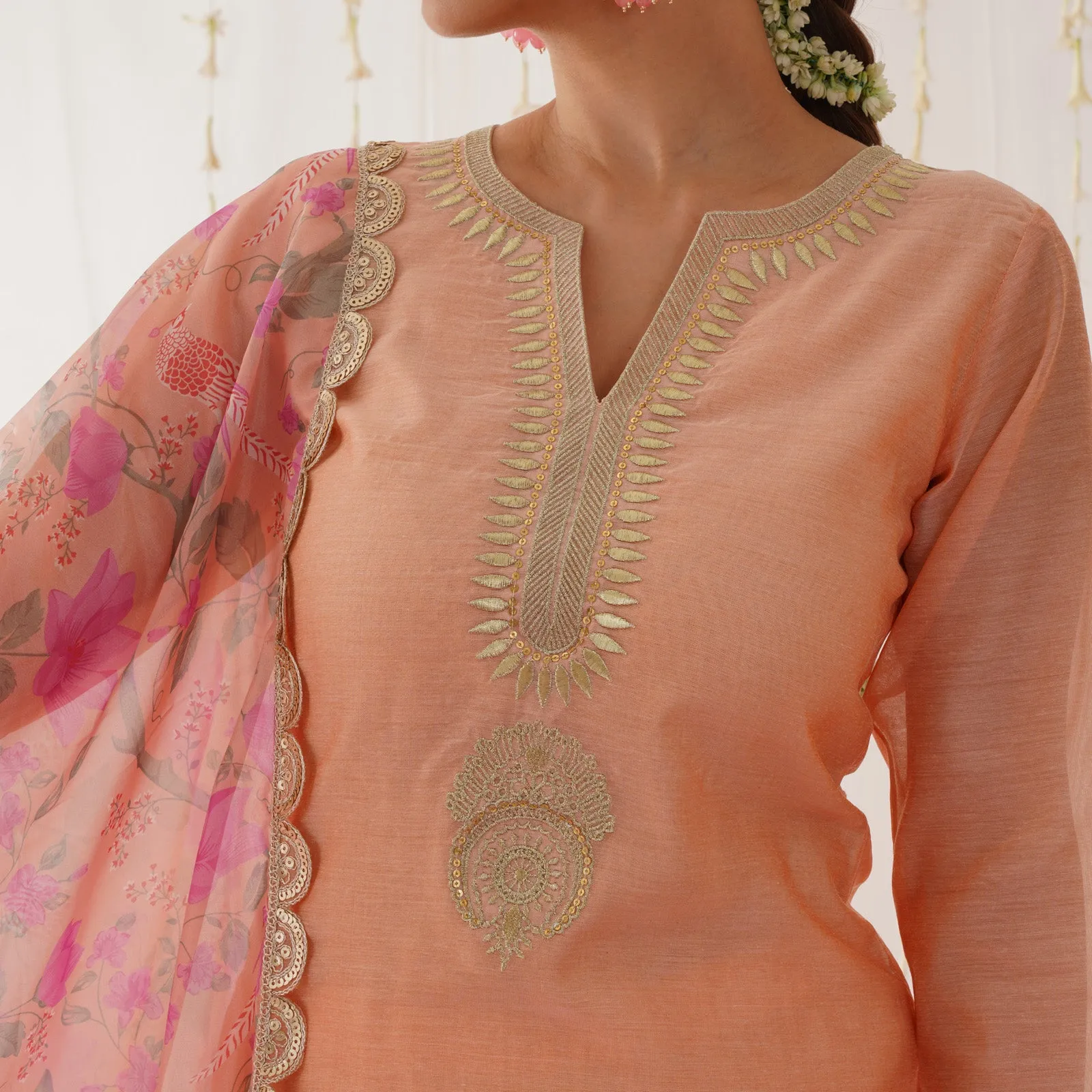 Peach Embroidered Chanderi Kurta Pant Dupatta Set with Gota Details