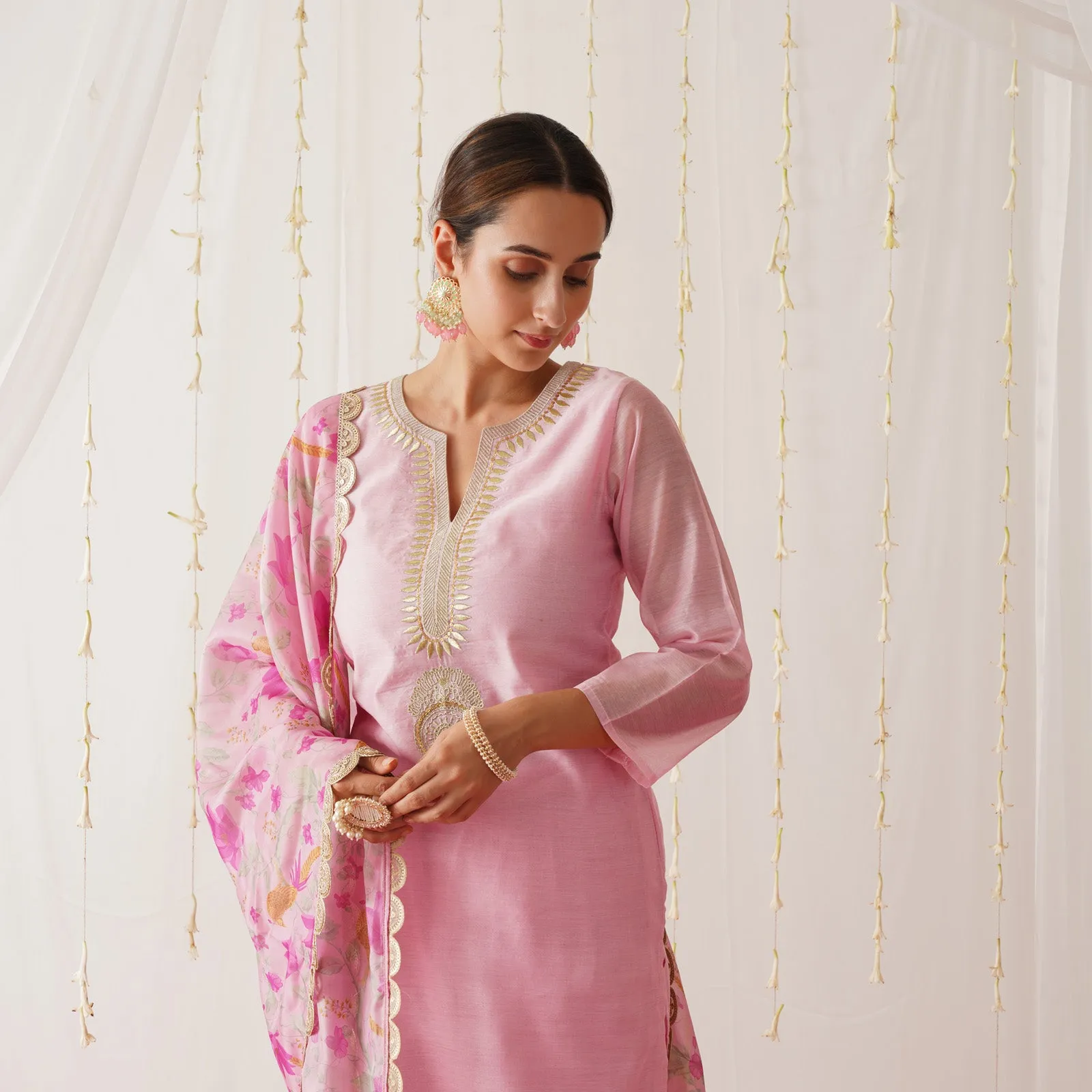 Pink Embroidered Chanderi Kurta Pant Dupatta Set with Gota Details