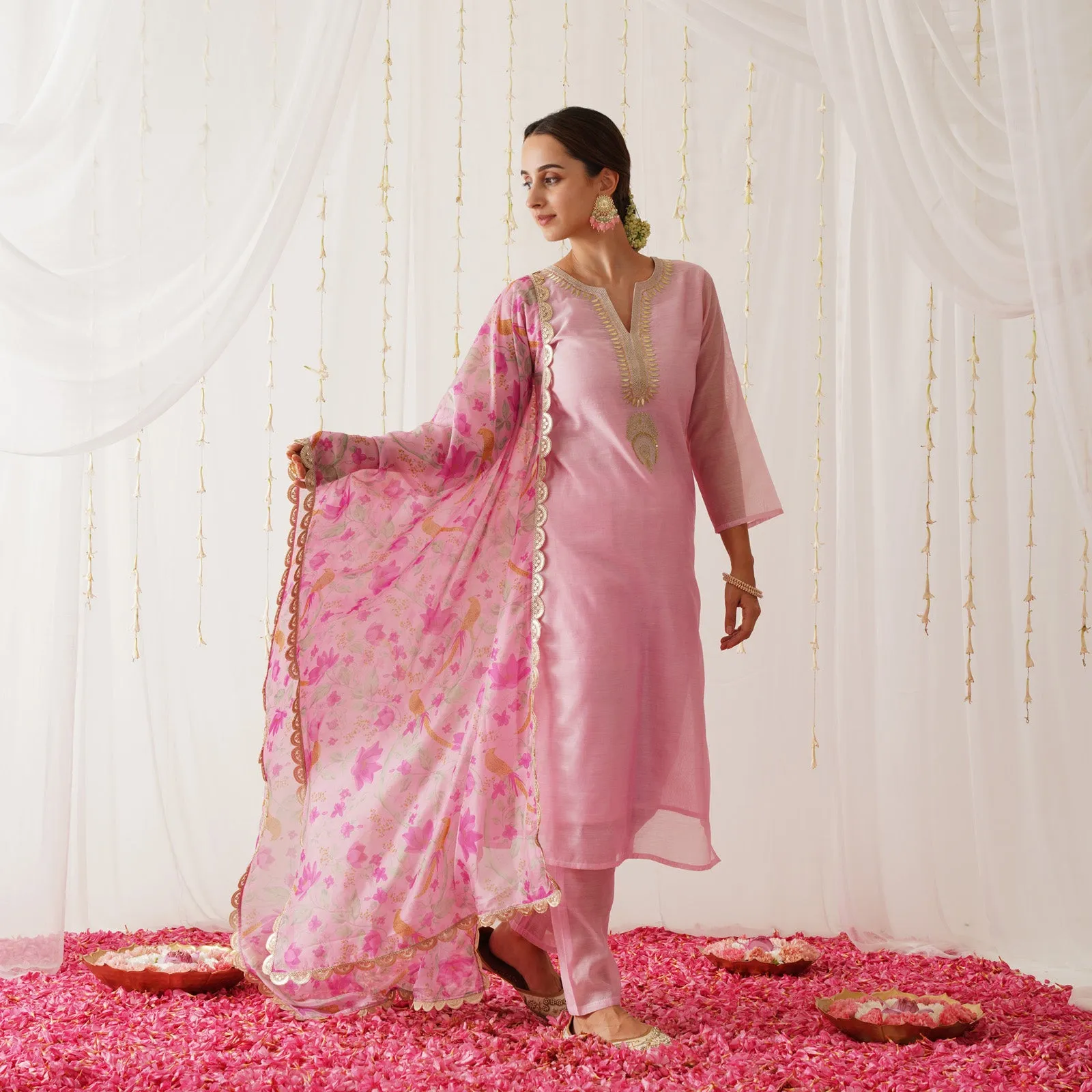 Pink Embroidered Chanderi Kurta Pant Dupatta Set with Gota Details