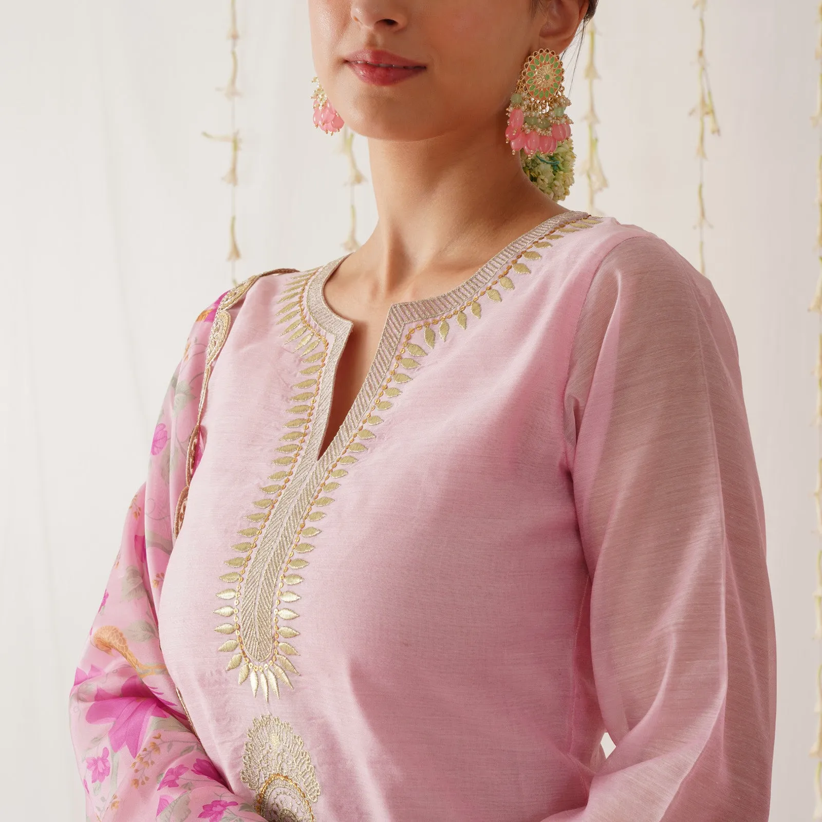 Pink Embroidered Chanderi Kurta Pant Dupatta Set with Gota Details