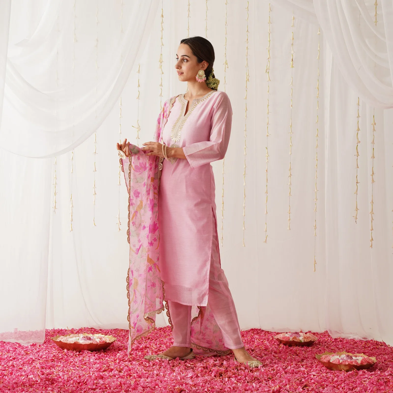 Pink Embroidered Chanderi Kurta Pant Dupatta Set with Gota Details