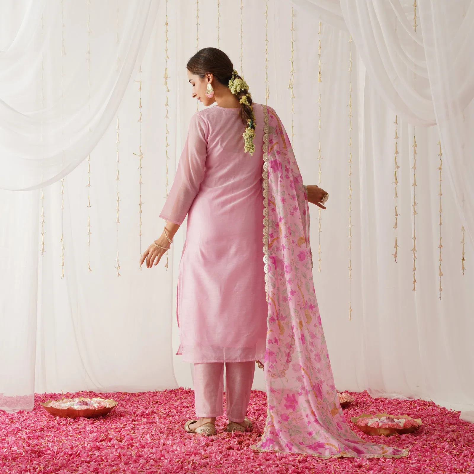 Pink Embroidered Chanderi Kurta Pant Dupatta Set with Gota Details