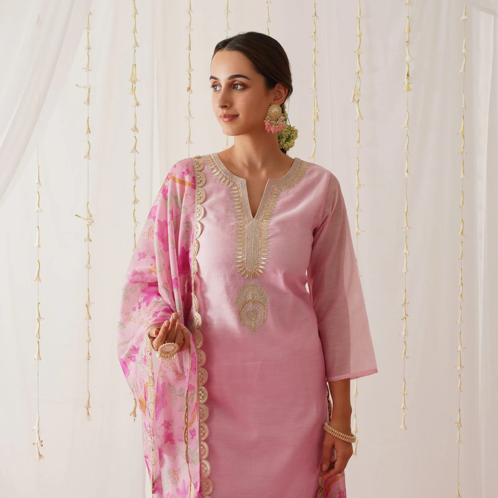 Pink Embroidered Chanderi Kurta Pant Dupatta Set with Gota Details