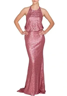 Pink Halter Neck Maria Sequins Gown