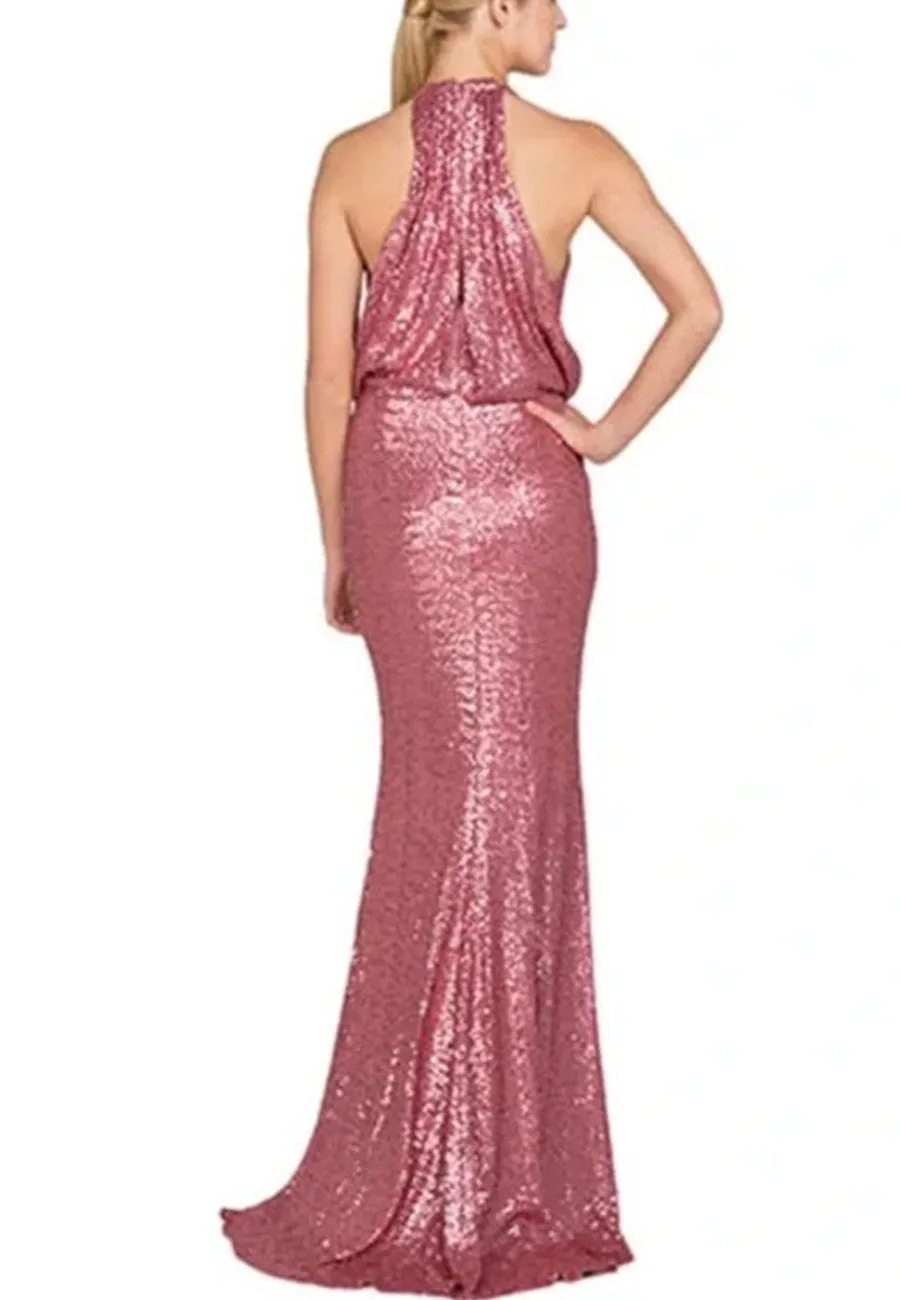 Pink Halter Neck Maria Sequins Gown