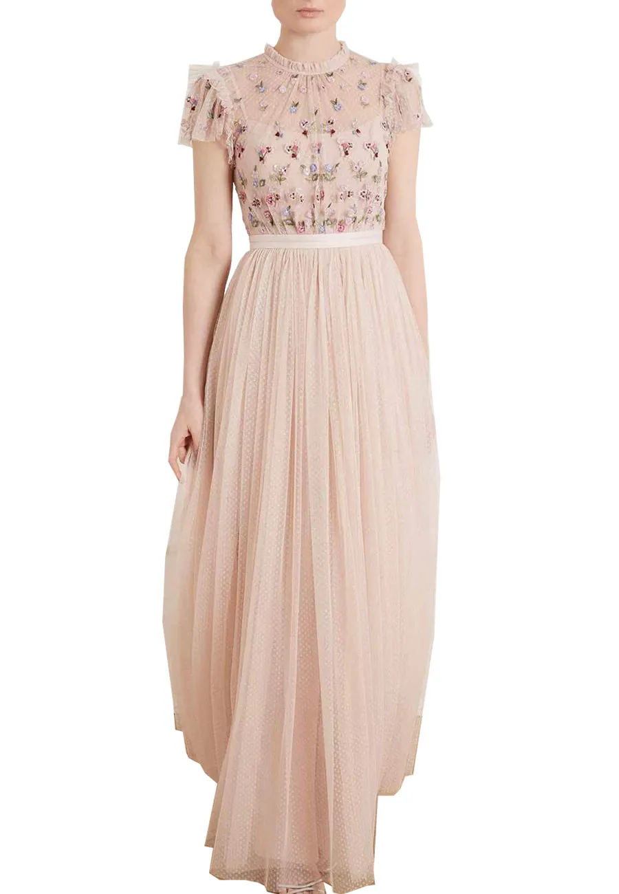 Pink Rococo Floral Embellished Tulle Maxi Dress