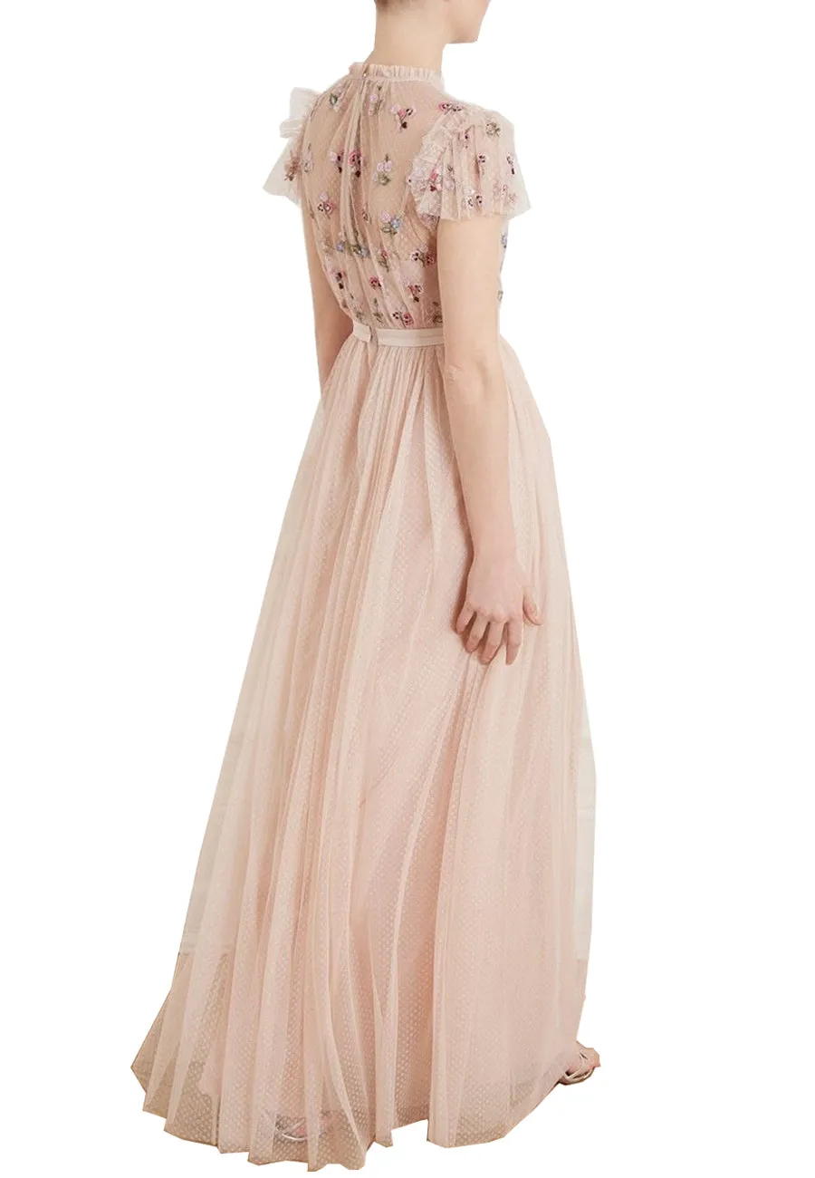 Pink Rococo Floral Embellished Tulle Maxi Dress