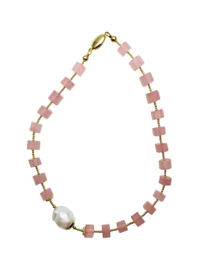 Pink Rose Quartz With Baroque Pearl Minimalist Necklace DN221