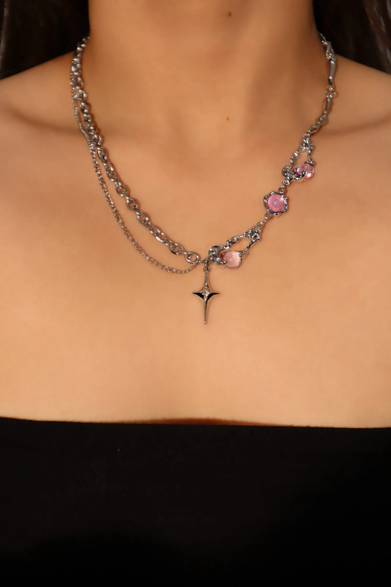 Platinum Plated Purple Glitter Gem Star Necklace