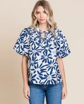 Printed Smocked Puff Sleeve Top