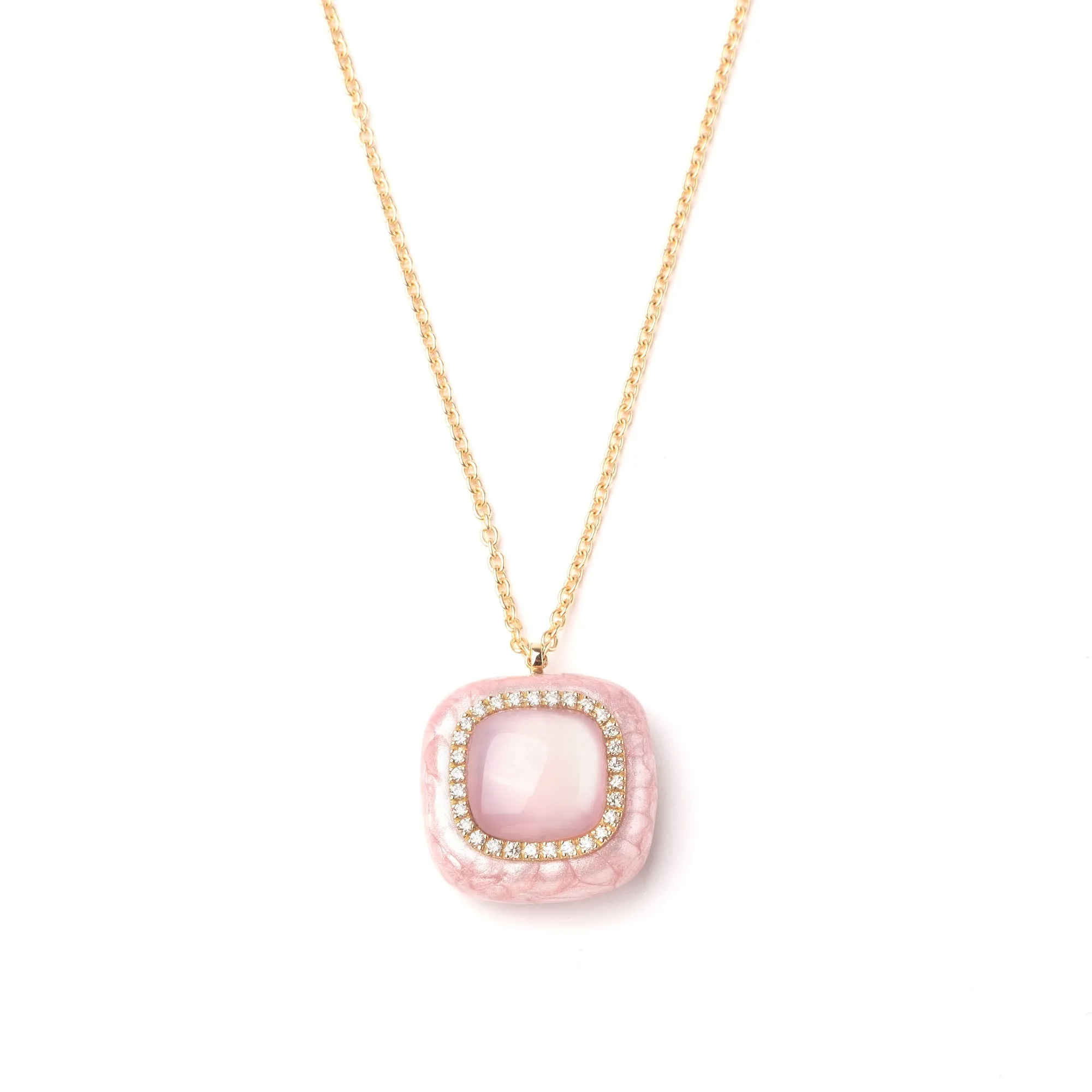 Rose pink enamel 18k yellow gold diamond pendant