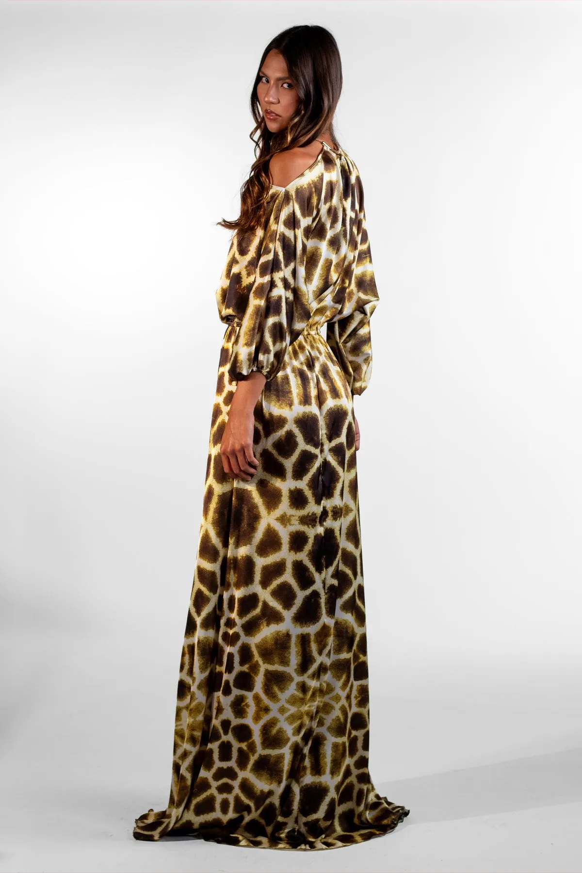 Silvia Yellow Open Shoulder Giraffe Print Maxi Dress