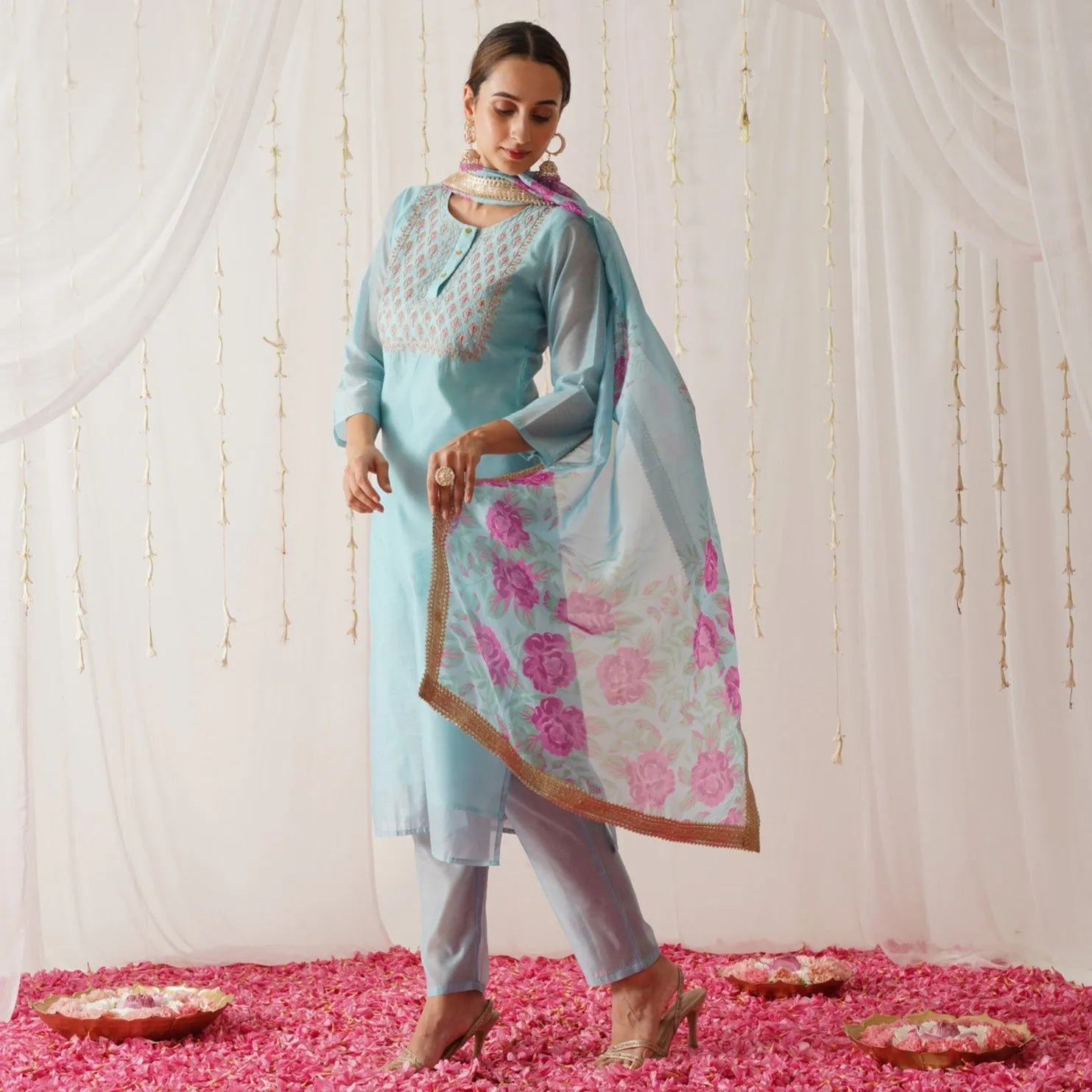 Sky Blue Embroidered Chanderi Kurta Set with Dupatta