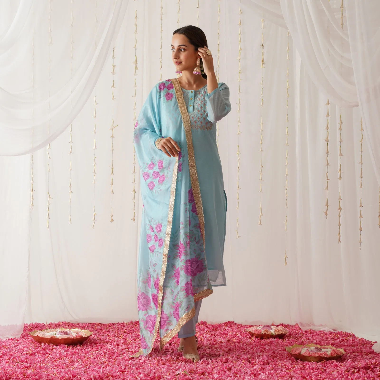 Sky Blue Embroidered Chanderi Kurta Set with Dupatta