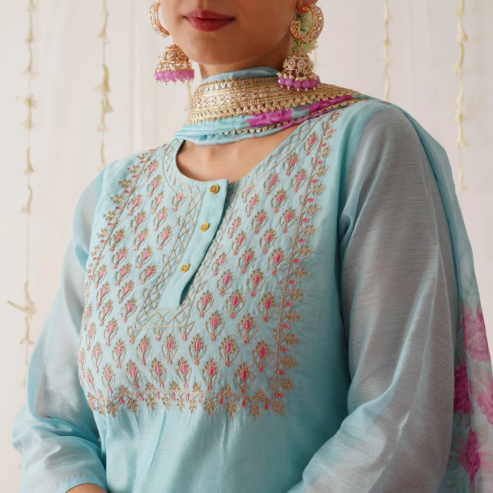 Sky Blue Embroidered Chanderi Kurta Set with Dupatta