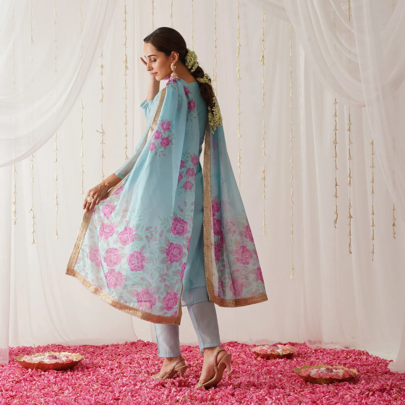 Sky Blue Embroidered Chanderi Kurta Set with Dupatta