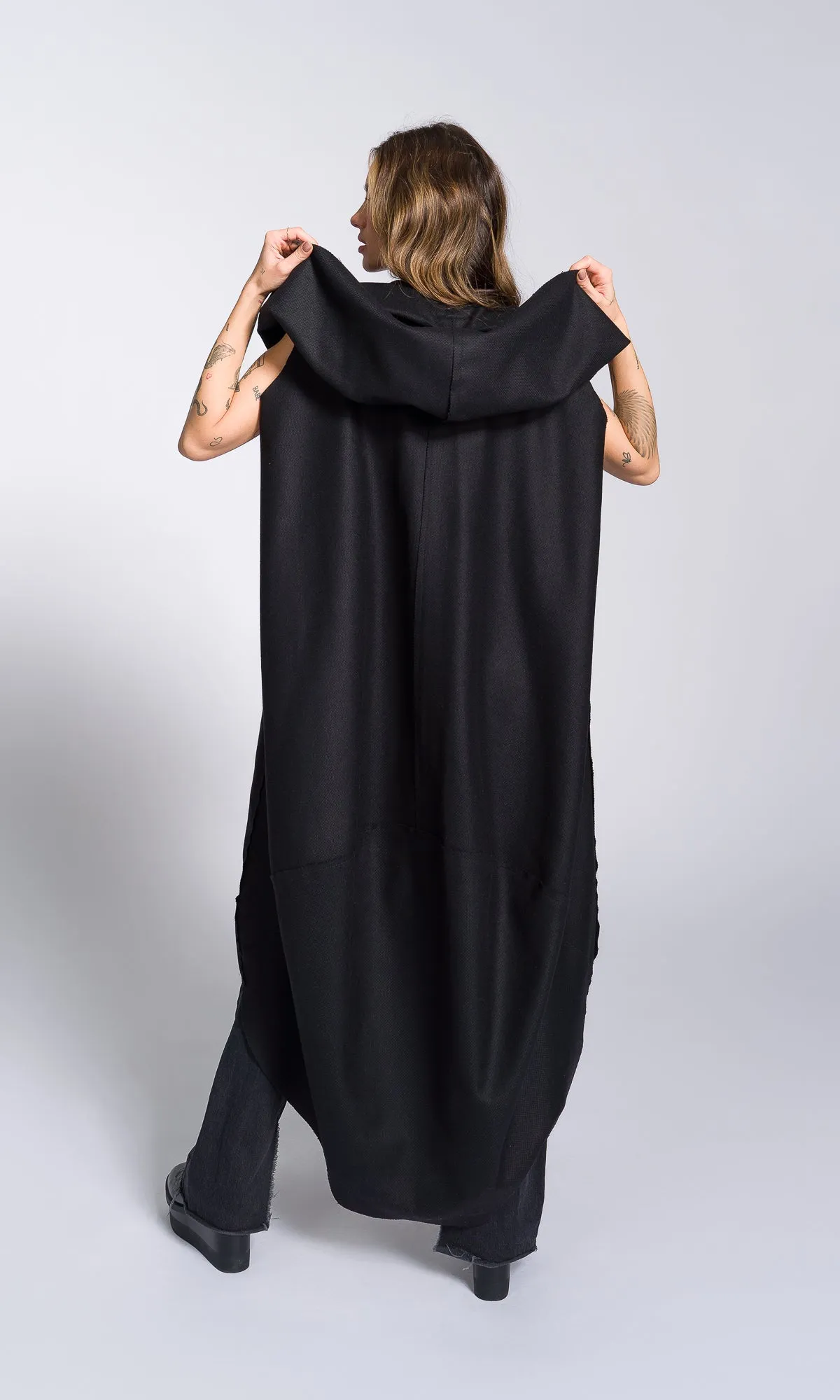 Sleeveless Cape Coat with Large Hood