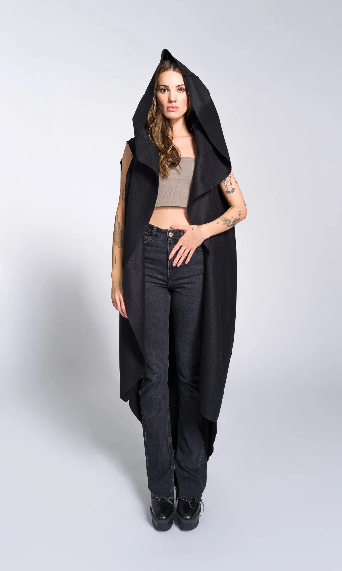 Sleeveless Cape Coat with Large Hood