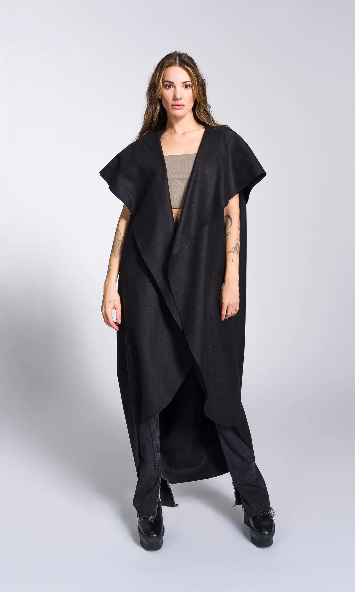 Sleeveless Cape Coat with Large Hood