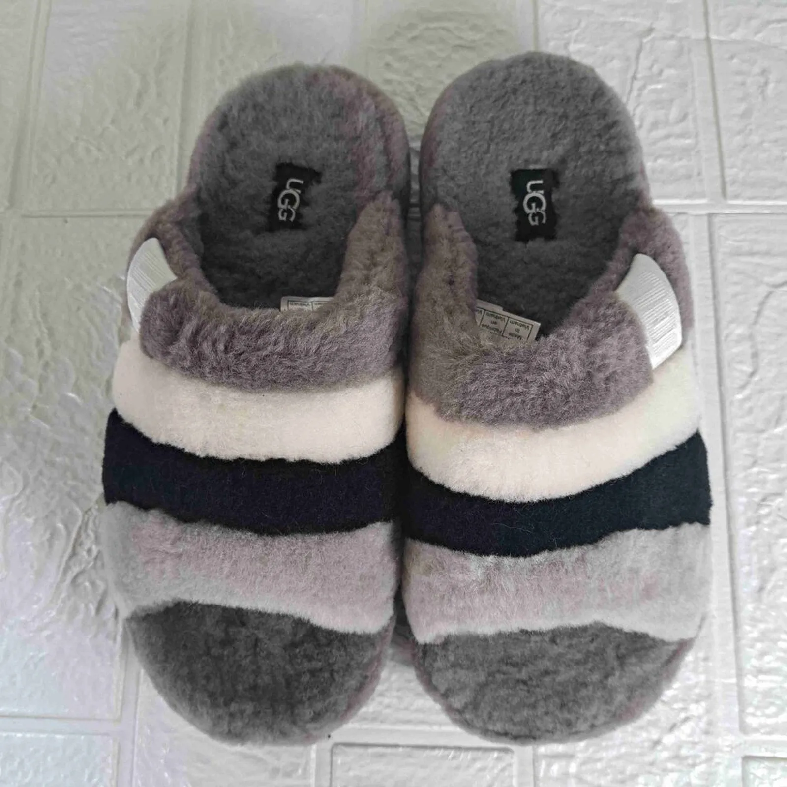 UGG Fluff You Slide Striped Open-Toe Lamb Fur Slippers