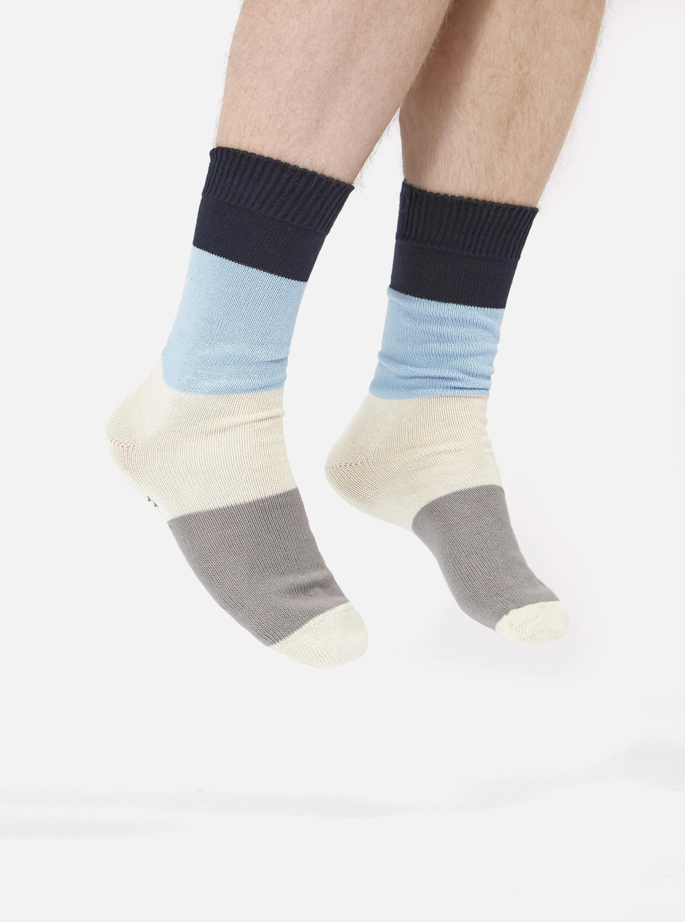 Universal Works Bold Stripe Sock in Navy/Sky Cotton