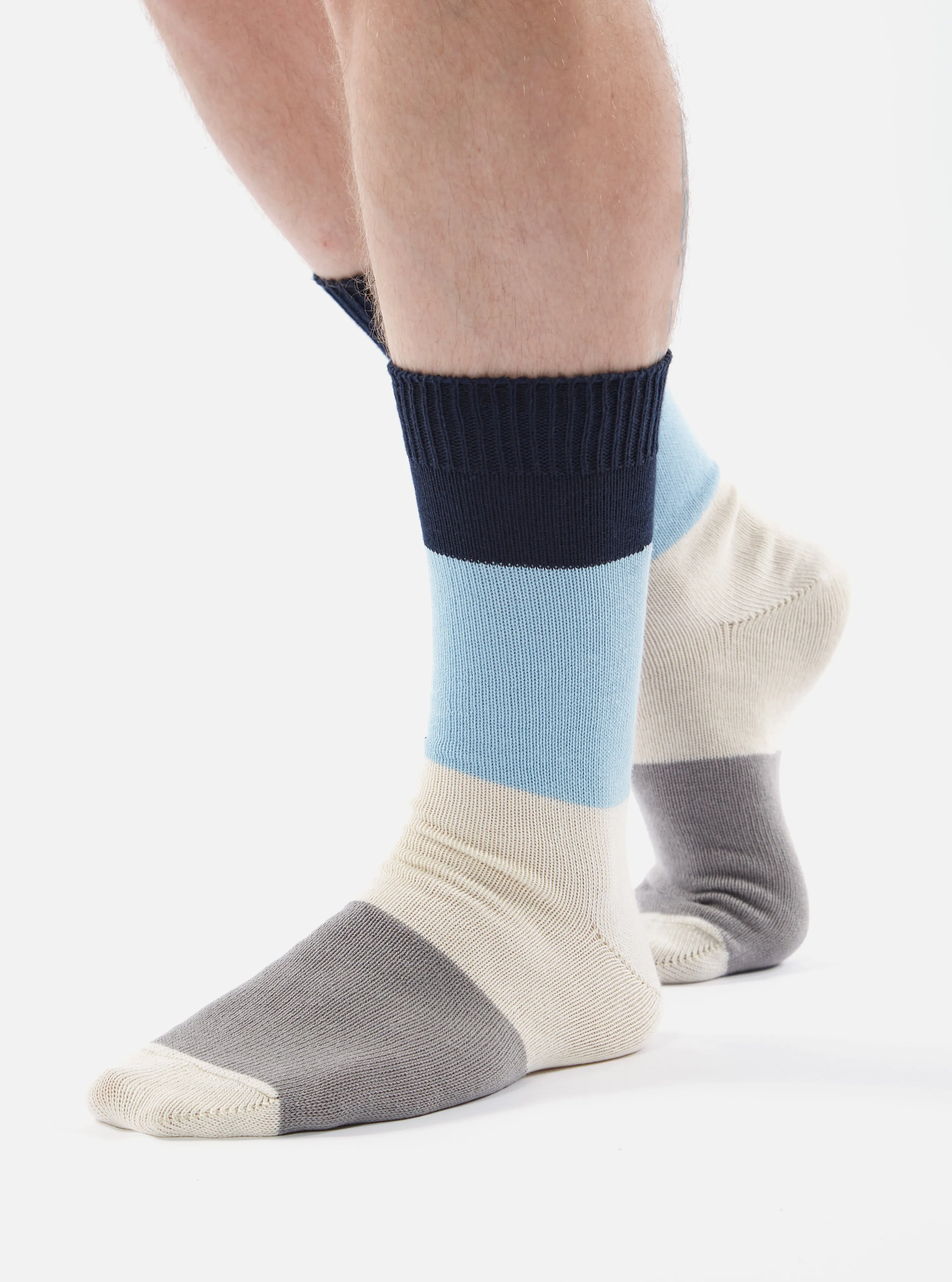 Universal Works Bold Stripe Sock in Navy/Sky Cotton