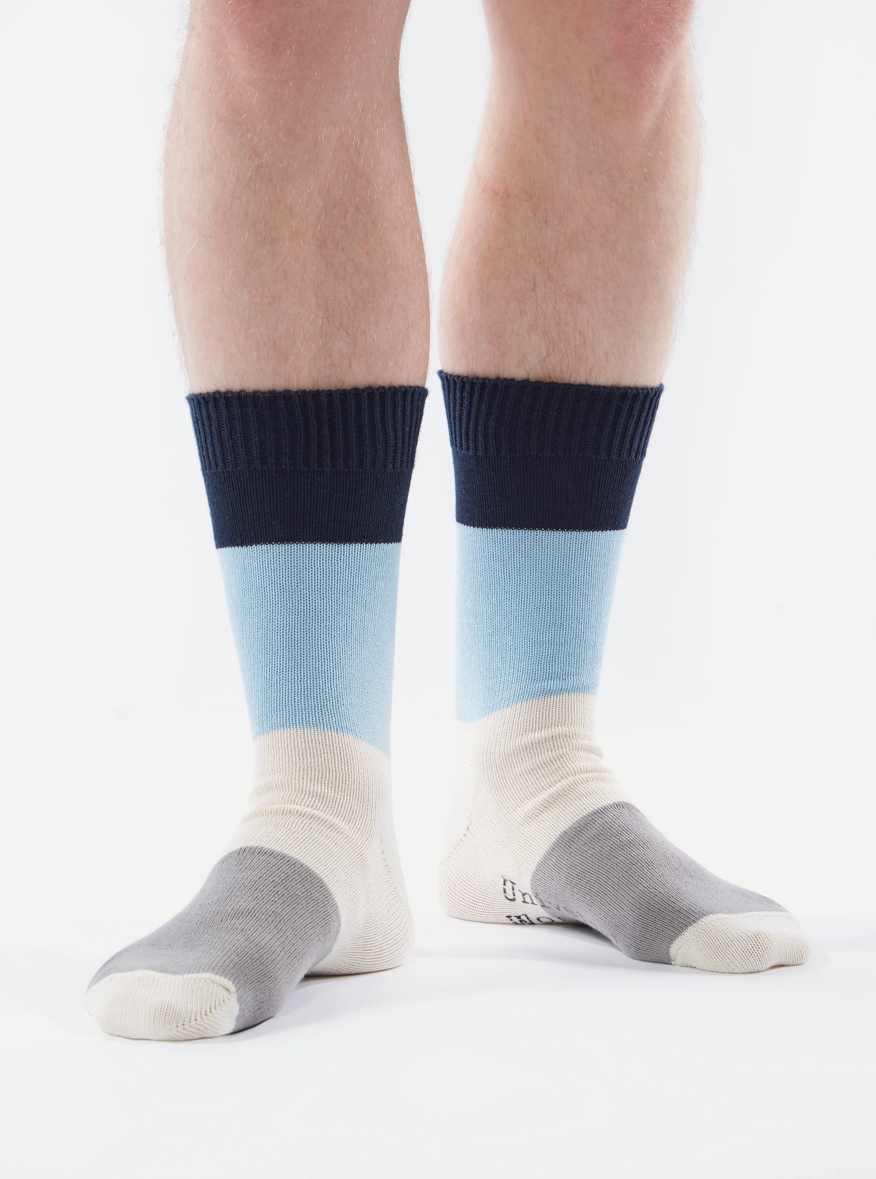 Universal Works Bold Stripe Sock in Navy/Sky Cotton