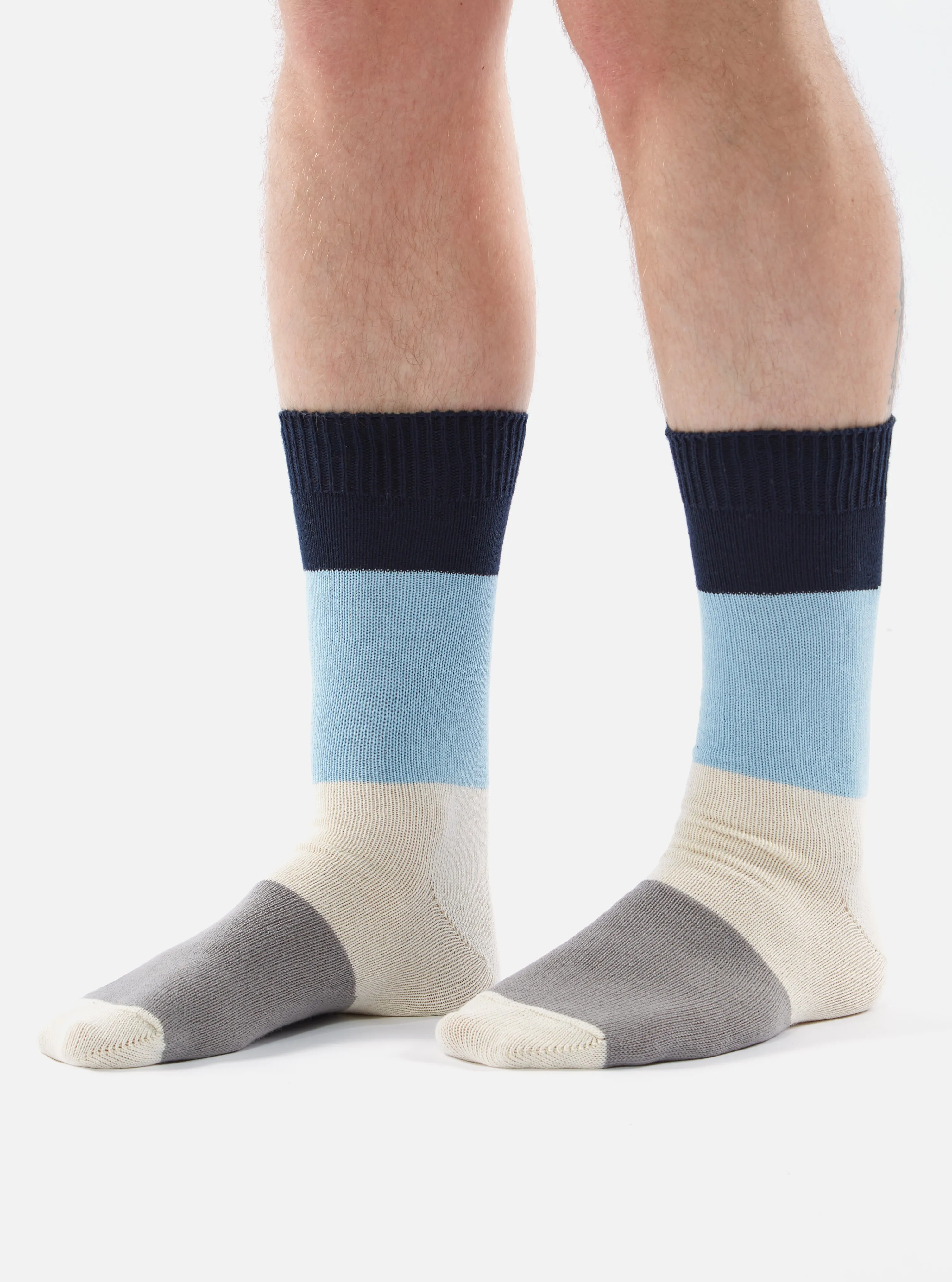 Universal Works Bold Stripe Sock in Navy/Sky Cotton