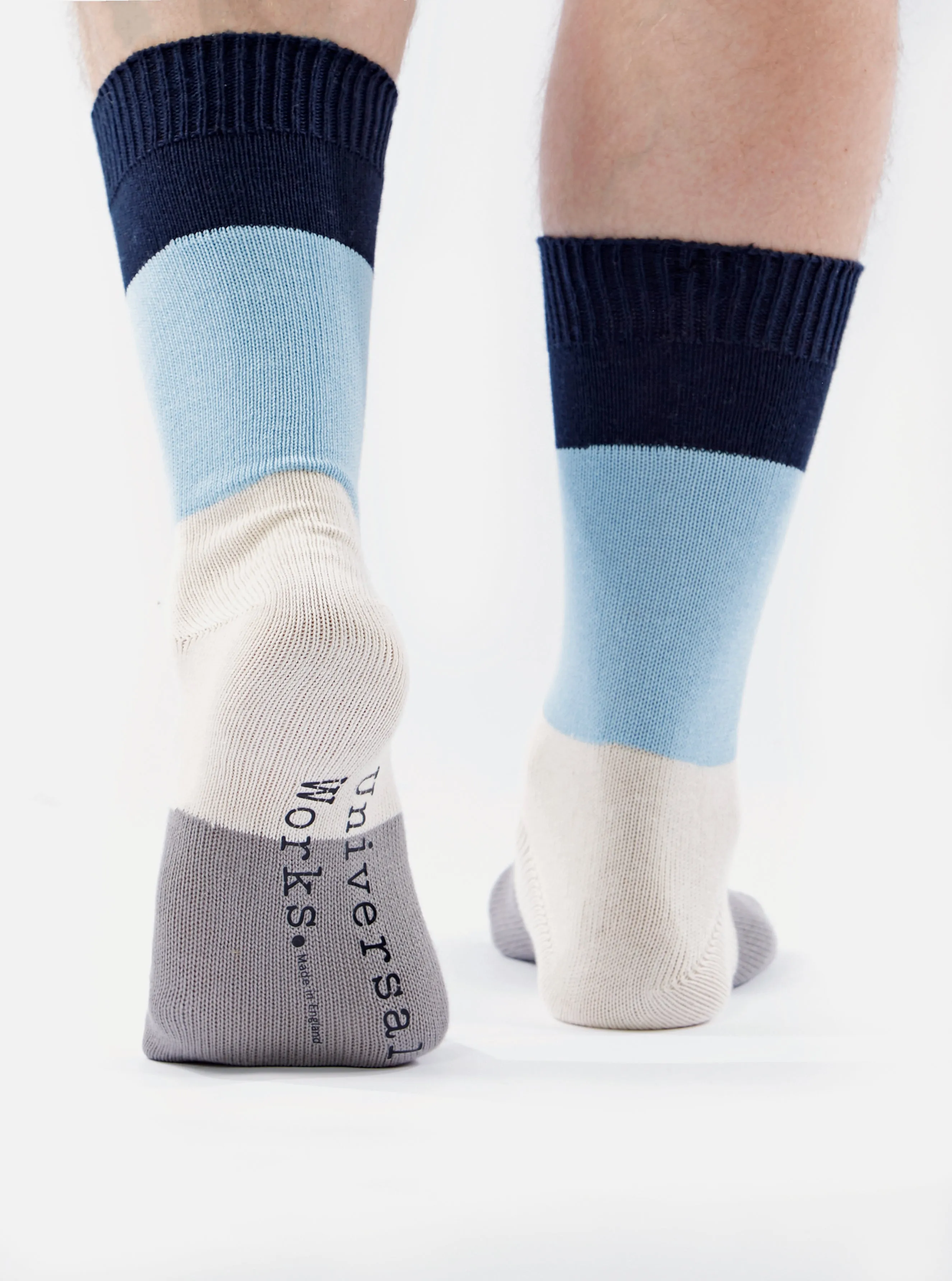 Universal Works Bold Stripe Sock in Navy/Sky Cotton