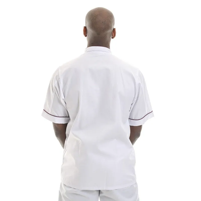 White Chef Coat with Burgundy Border Short Sleeve or Long Sleeve - MANELLI