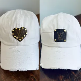 White Distressed Hat - with Upcycled LV Patch