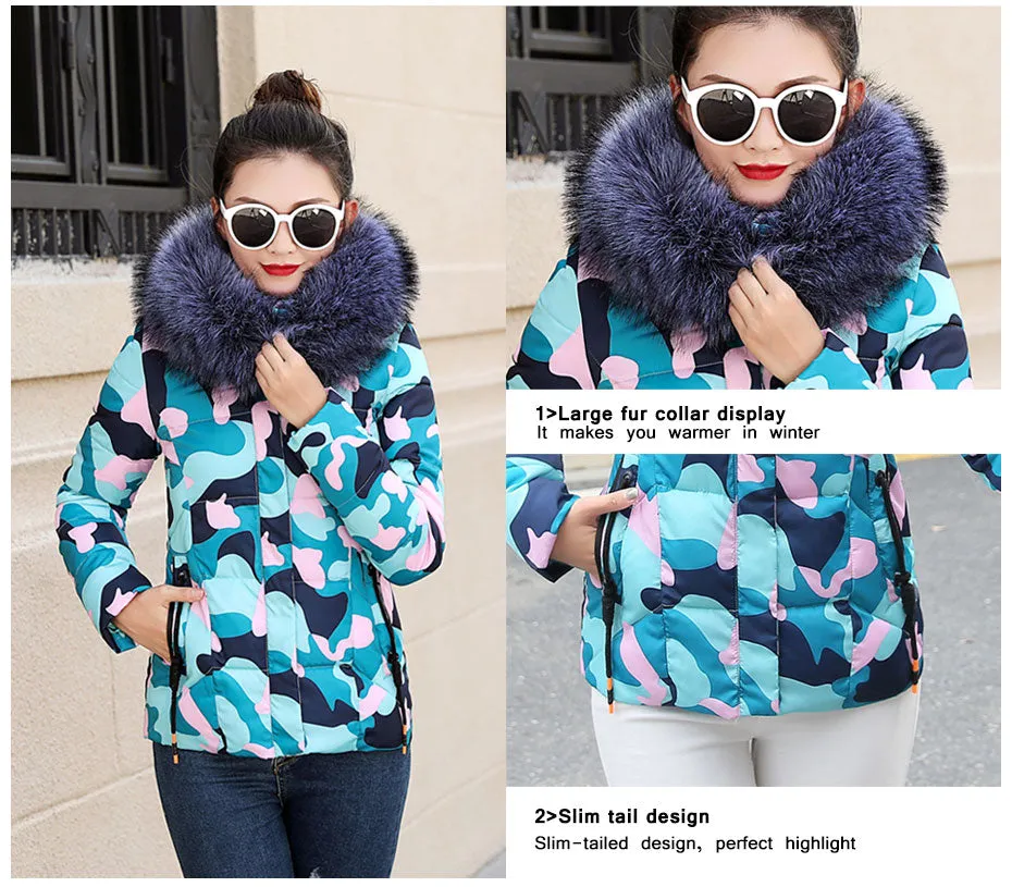 Winter Women Fur Collar Hooded Jacket