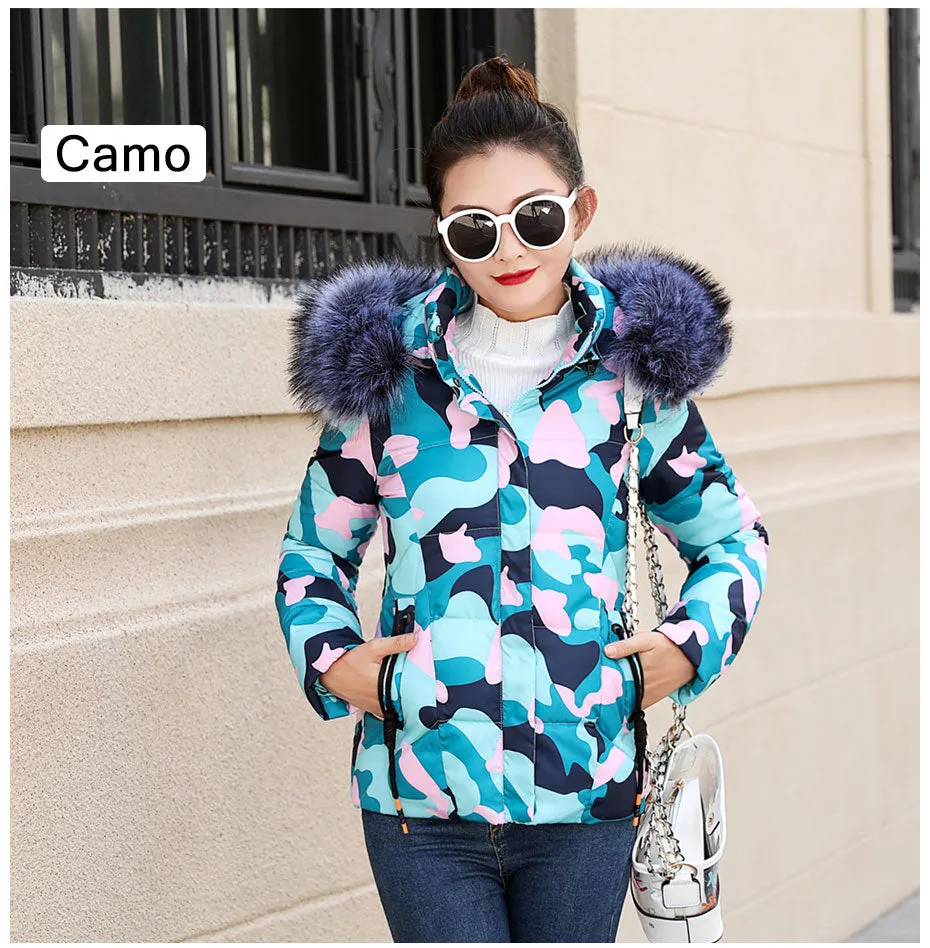 Winter Women Fur Collar Hooded Jacket